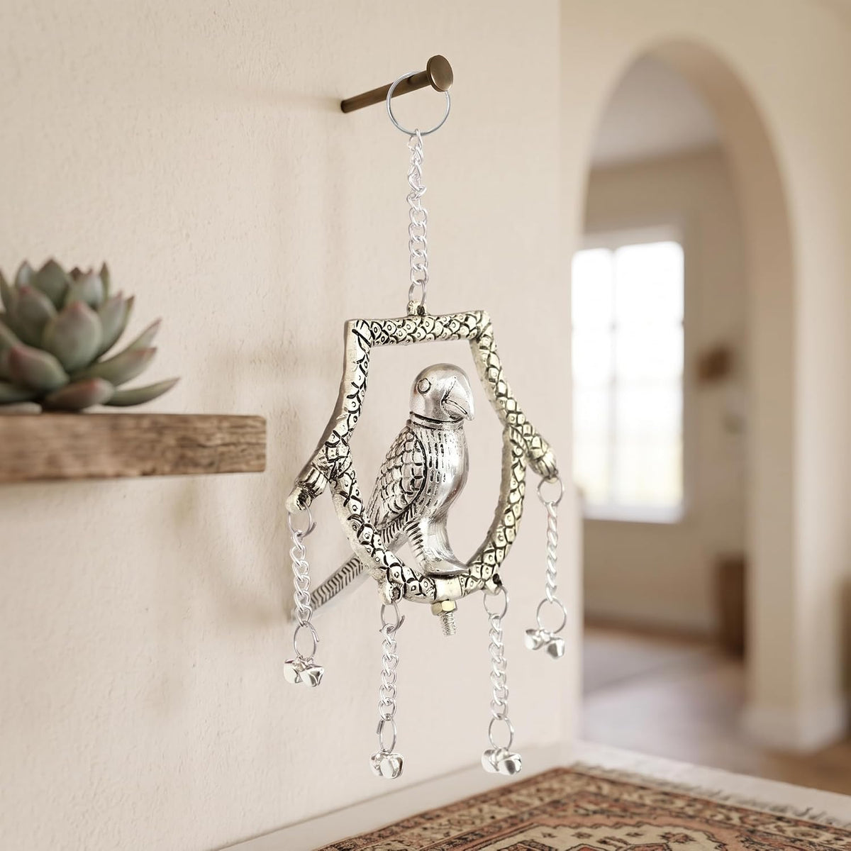 KridayKraft Silver Plated Tikona Parrot Metal Hanging Décor with Chains and Bells | Traditional Indian Wall Hanging Showpiece for Living Room, Home Entrance & Vastu (22 cm x 12 cm)