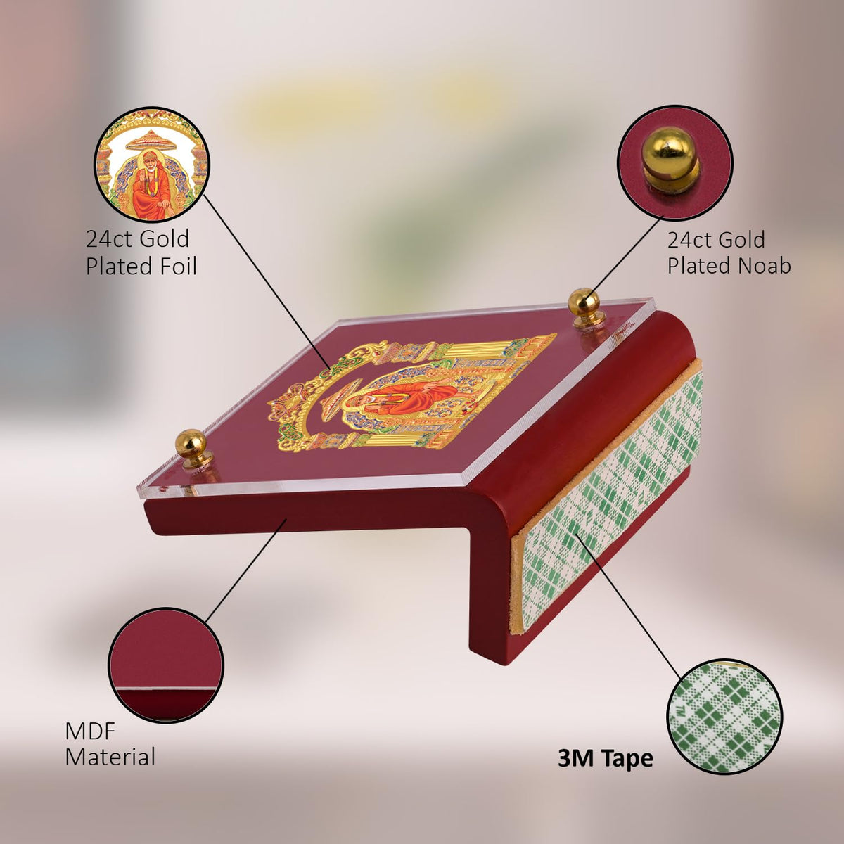 Diviniti 24K Gold Plated Sai Baba Frame for Car Dashboard, Home Decor, Table & Office| MDF 1B Royal Car Frame with 24K Gold Plated Foil| Religious Frame for Puja, Festival Gift (6.5 CM x 5.5 CM)