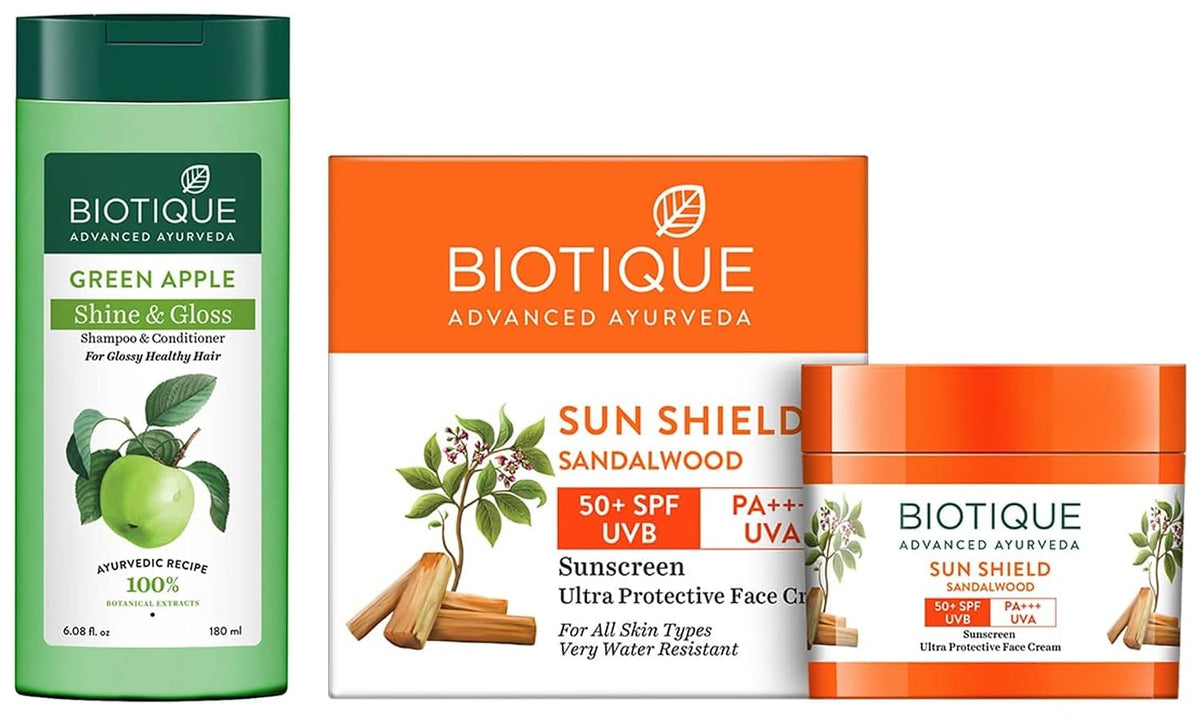 Biotique Bio Green Apple Fresh Daily Purifying Shampoo and Conditioner for Oily Scalp and Hair, 180m And Biotique Bio Sandalwood Face & Body Sun Cream Spf 50 Uva/Uvb Sunscreen For All Skin Types