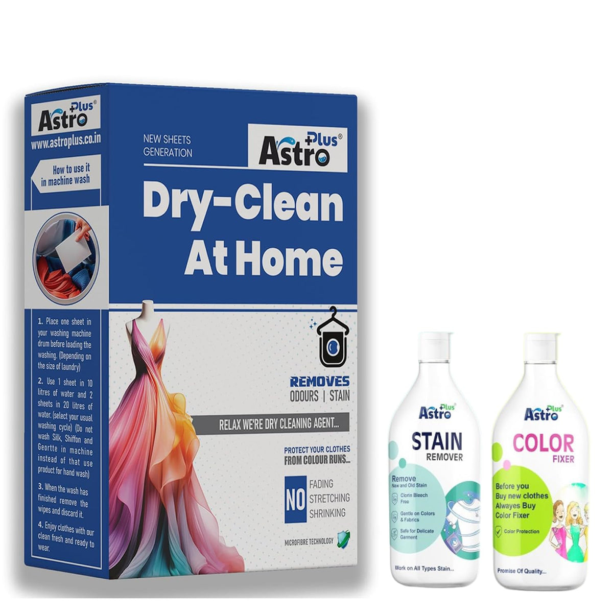 ASTRO PLUS+ Cloths Dry Clean at Home Liquid Sheets | Advance Cleaning Technology Silk Chiffon Cotton Georgette Linen and Woolen (20 Sheets) (500ml) & Stain Remover (500ml)