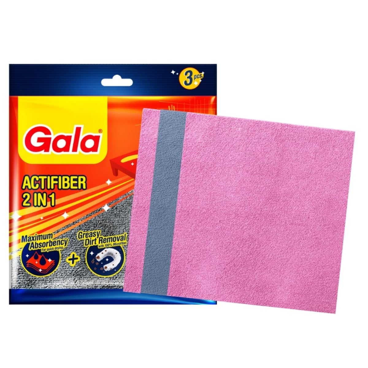 Gala Actifiber Kitchen Sponge Cloth for Table, Glass and Kitchen Cleaning, Microfiber and PVA Cleaning Cloth, 3 Pcs, Multicolour