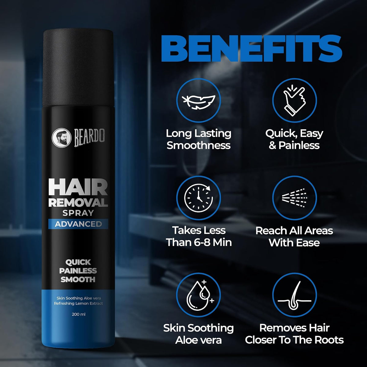BEARDO Hair Removal Spray for Men | Painless & Irritation Free Spray | For Chest, Back, Legs & Under Arms | Aloe Vera & Lemon | Gentle on Skin | No Burning or Itching | Brightening De-Tan Formula - 200ml