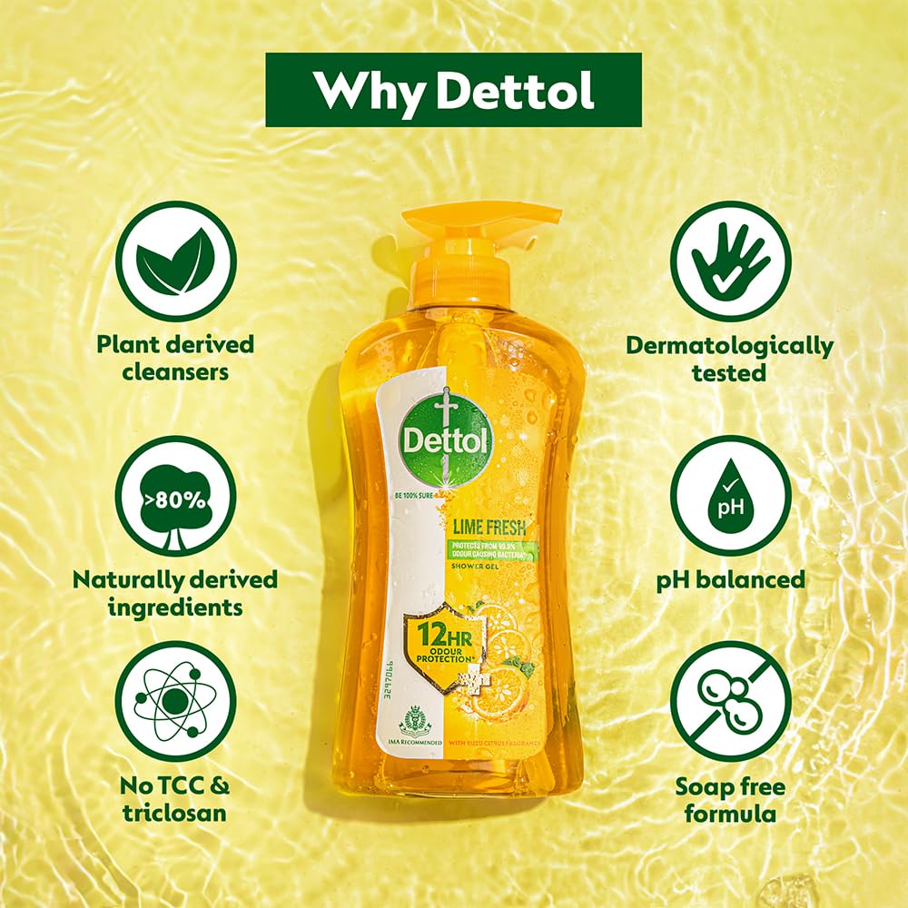 Dettol Body Wash and Shower Gel for Women and Men, Lime Fresh - 500ml | Soap-Free Bodywash | 12h Odour Protection