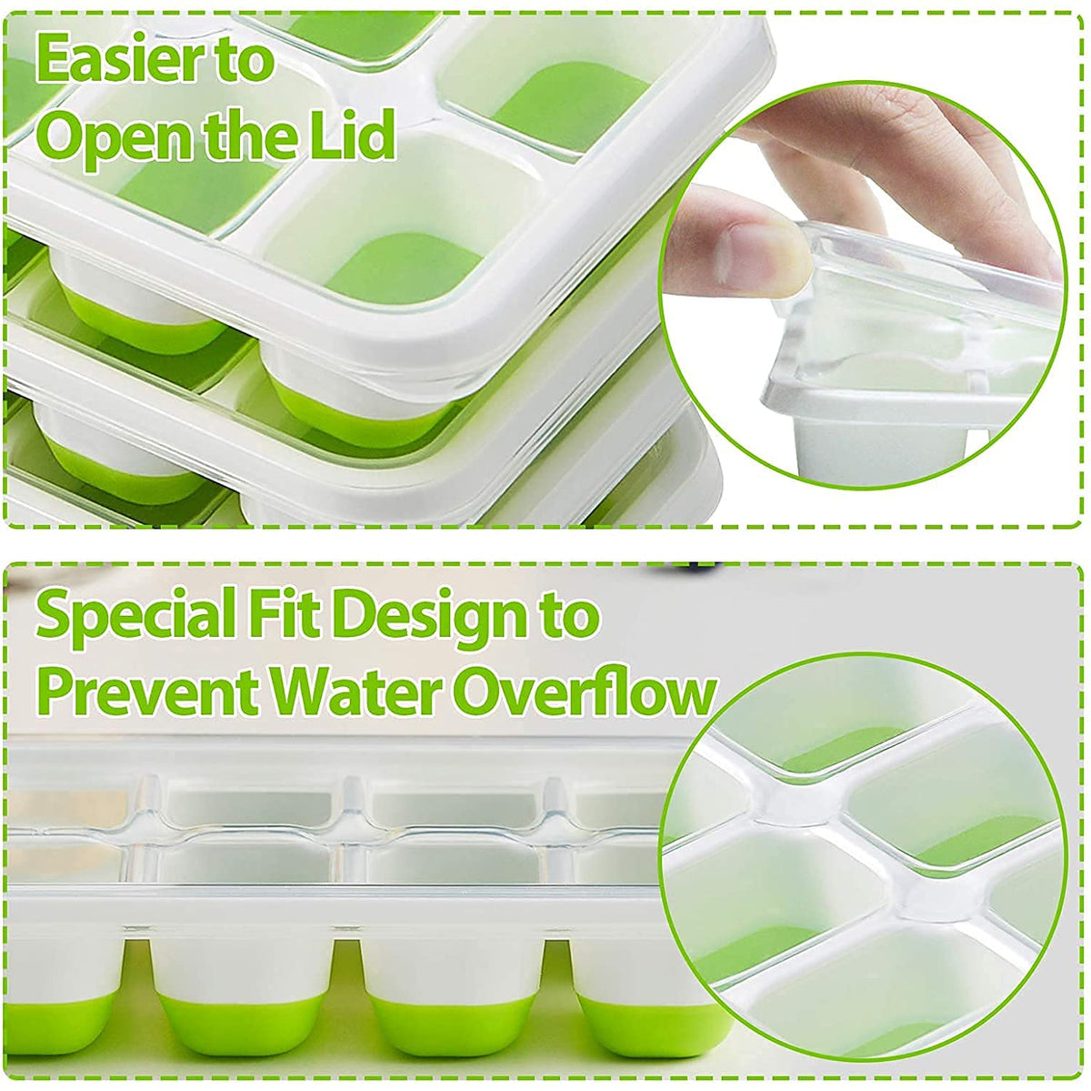E-COSMOS® Ice Cube Trays, Easy-Release Silicone & Flexible 14-Ice Cube Trays with Spill-Resistant Removable Lid and BPA Free, for Cocktail, Freezer, Stackable Ice Trays (Pack of 1) (Green)