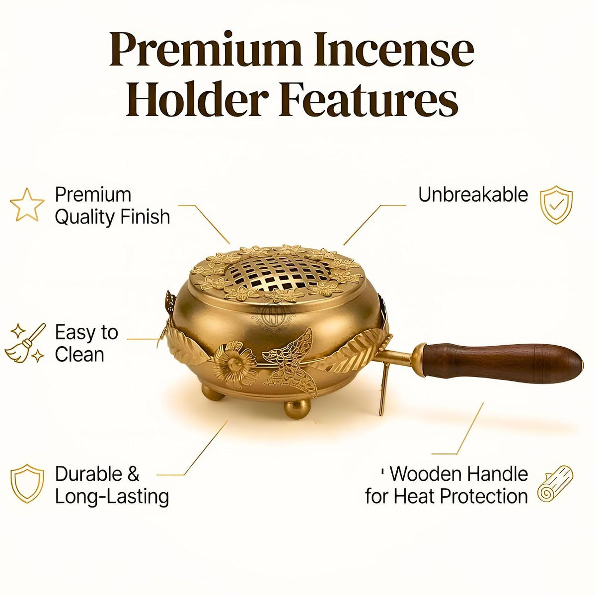 DSH Home Purifying Incense Burner Loban Burner with Wooden Handle Dhoop Dhuni Burner Home Office Temple Prayer Butler.(L-7)