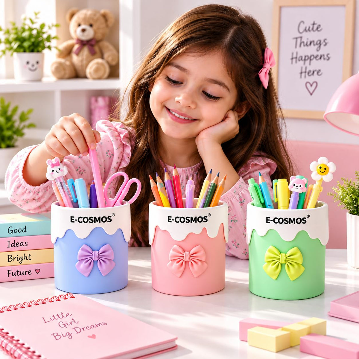 E-COSMOS® Wall Mounted Cosmetic Organizer Cup with Bow Design, Makeup Brush Holder, Toothbrush Holder, Desk Storage Container for Bathroom, Dressing Table & Stationery, Pastel Colors