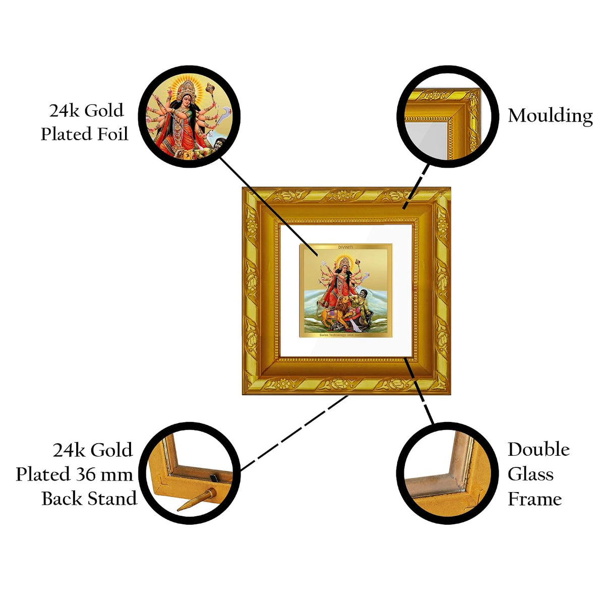 DIVINITI Goddess Durga Gold Plated Wall Photo Frame, Table Décor| DG Frame 103 Size 1A and 24K Gold Plated Foil| Religious Photo Frame Idol For Pooja, Gifts Items (10.8 CM X 10.8 CM)