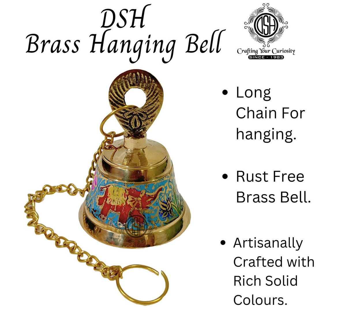 DSH Handcrafted Brass Temple Hanging Bell with Chain Home Mandir Decoration Ghanti for Pooja with Deep Sound (Blue, H-4 Inch)