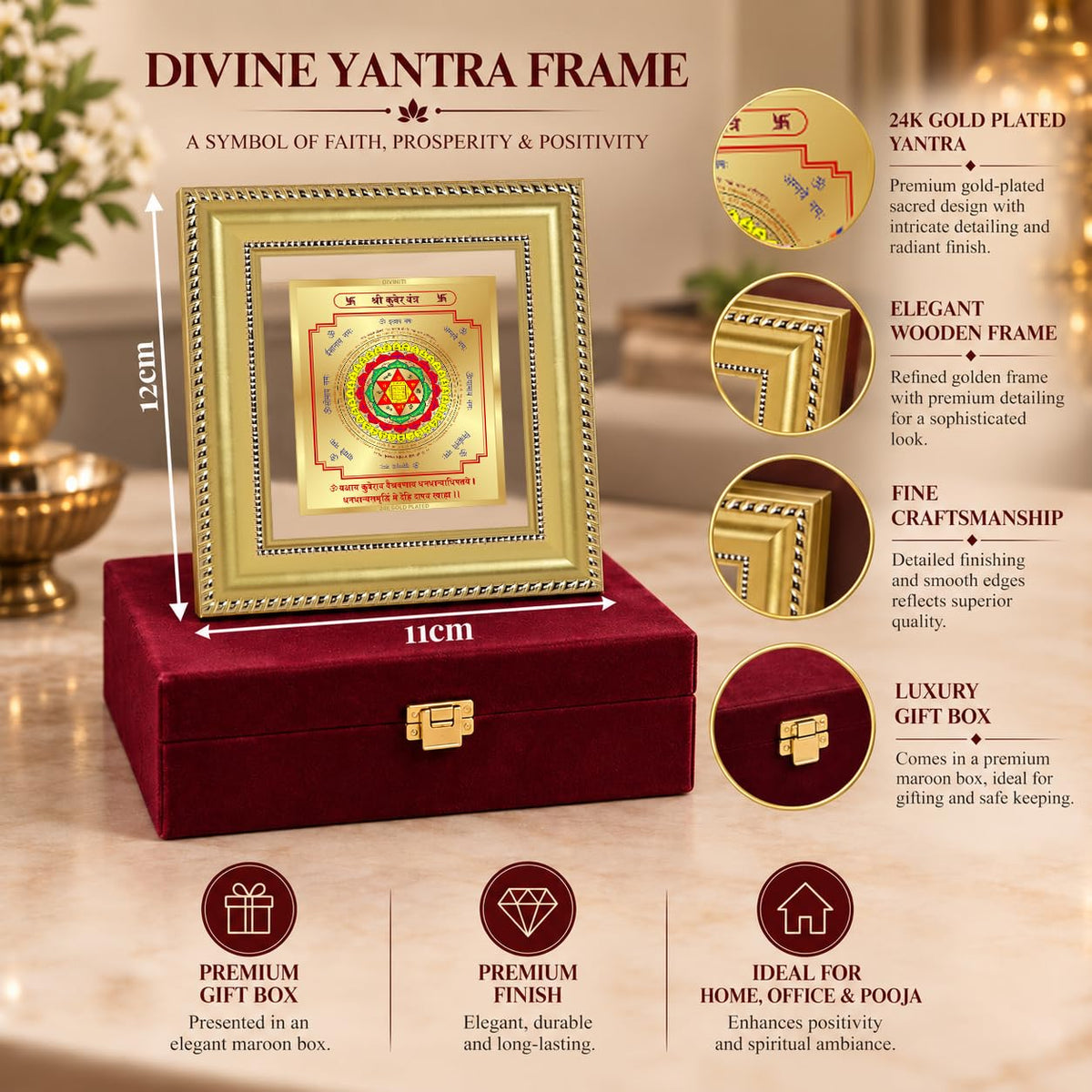 DIVINITI Siddh Energised Kuber Yantra | 24k Gold Plated Foil Wealth Attraction Vastu Frame for Home, Office & Puja Room | Premium Gift Box | Spiritual Yantra for Wealth, Prosperity & Financial Growth | 12 X 11 CM