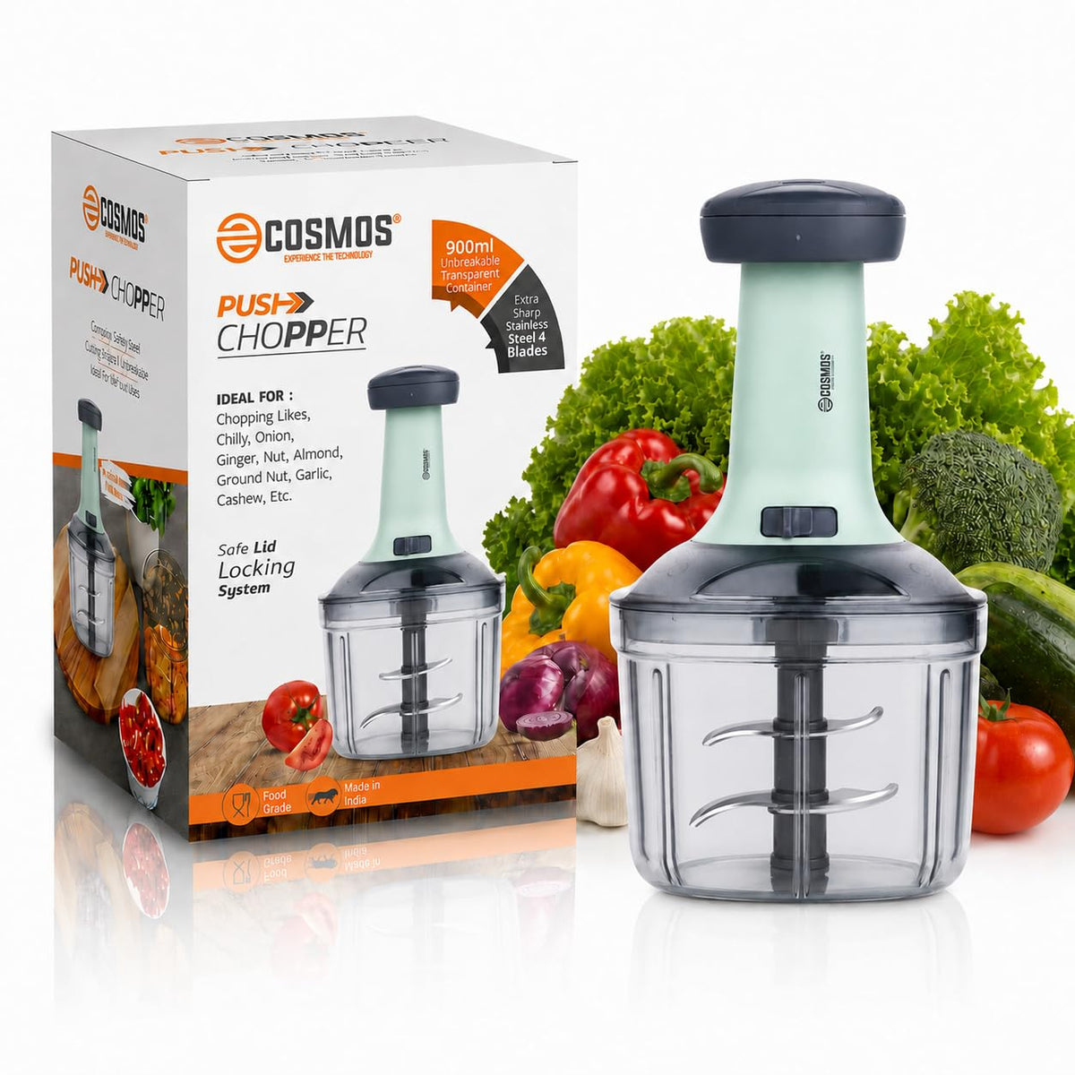 E-COSMOS Food Chopper Manual Hand Press Push Chopper with 4 Blades for Effortless Chopping Vegetables & Fruits (