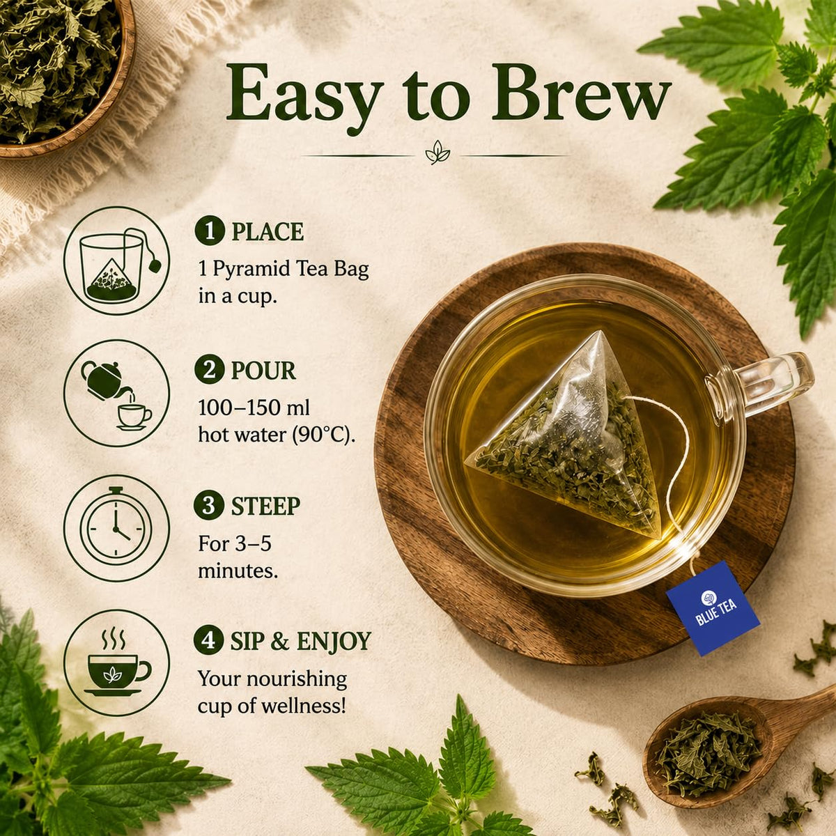 BLUE TEA - Nettle Tea - 30 Tea Bags - Plant Based | Helps With Body Detox and Digestion | UTI Support | Caffeine Free - Herbal Tea | Ziplock Pack