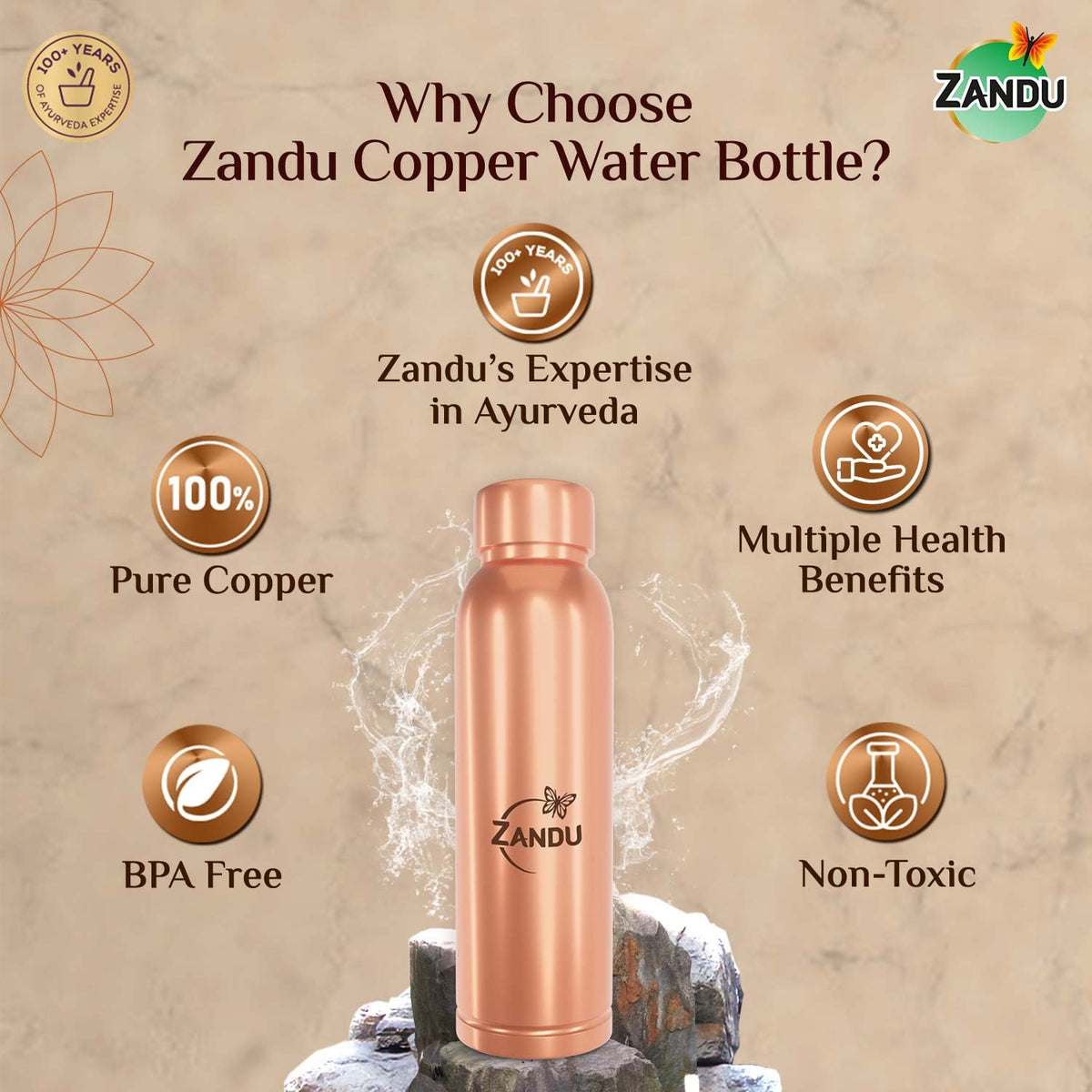 Zandu Copper Bottle (950ml): 100% Pure BPA-Free Water Bottle | Copper-Infused Water | Leak Proof | Office Use | Boosts Immunity | Supports Digestive & Liver Health | Ayurveda Inspired