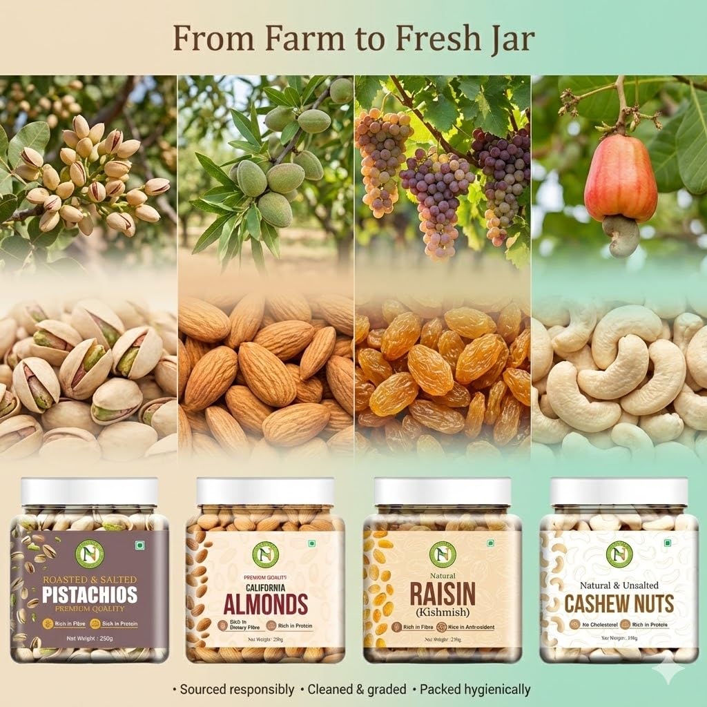 NatureVit Dry Fruits Combo Pack, 1 Kg | Almond, Cashew, Raisins, Roasted Pistachio (250gm x 4) | Tasty, Fresh & Healthy | High in Protein | Healthy Gifts Hamper Every Occasion, Diwali Gift Pack Family, Corporate Office Gifts Combo