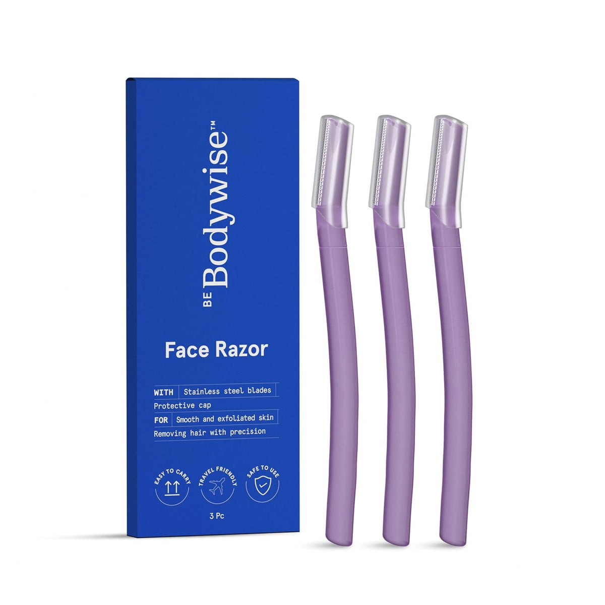 Be Bodywise Reusable Face Razor For Women - Pack of 3 | Instant & Painless Hair Removal | For Eyebrows, Upper Lip, Forehead, Peach Fuzz, Chin and Sideburns | Stainless Steel Blade & Firm Grip | Purple
