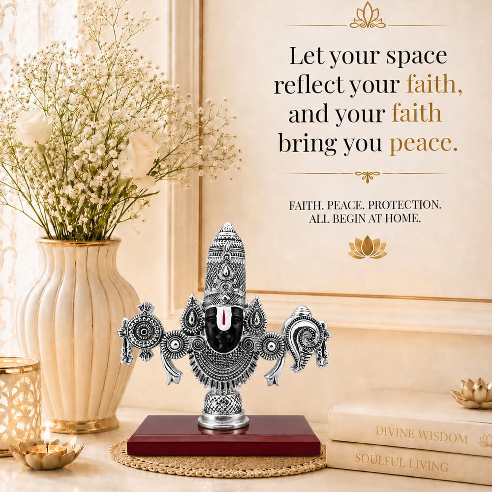 DIVINITI 999 Silver Plated Tirupati Balaji Face Idol with Gift Box, 13 cm