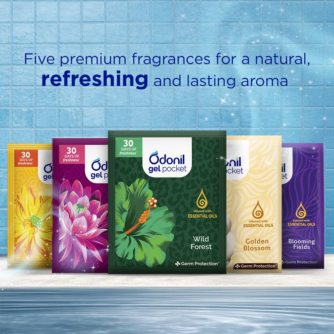 Odonil Gel Pocket – 50g (10g X5) | Pack of 5 Assorted Fragrances | Infused with Essential Oils | Germ Protection | Lasts Up to 30 Days | Air Freshener for Bathroom, Toilet, Home & Office.