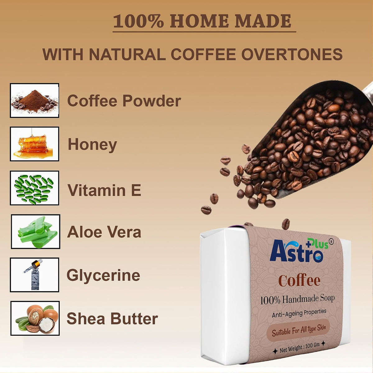 Astro Plus+ Coffee Hand-Made Soap Natural Handcrafted Coffee Soap Bar | Perfect for Face & Body (4 pieces)