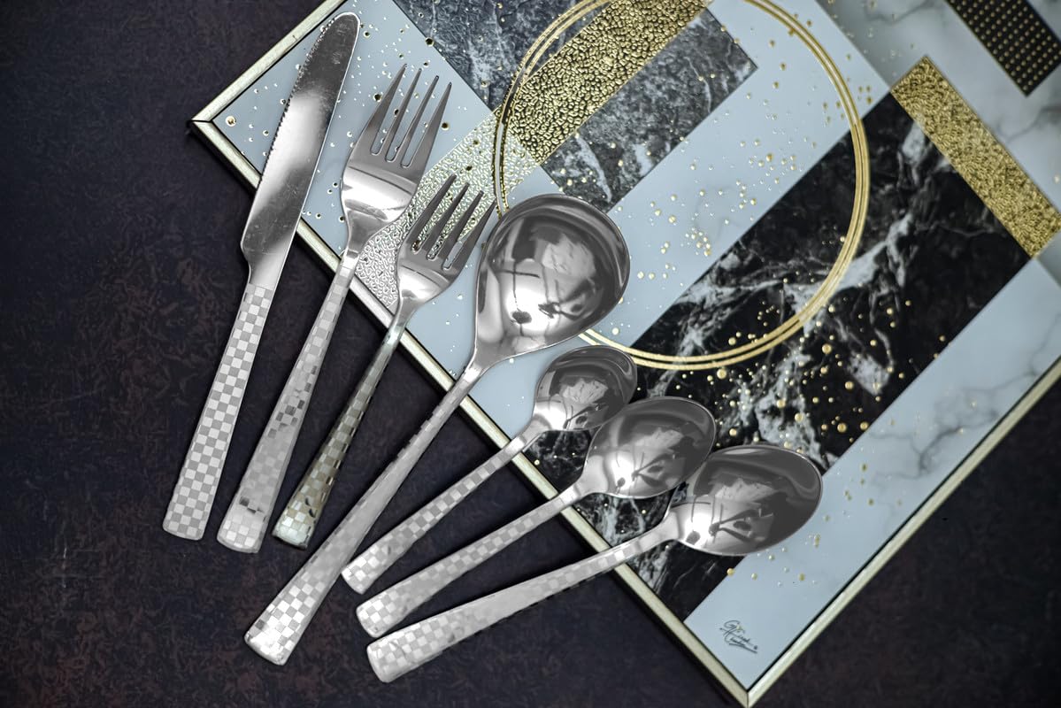 Parage 6 Pieces Stainless Steel Premium Dinner Knives, Butter Knife Set, Silver, Checks Design, 21 cm