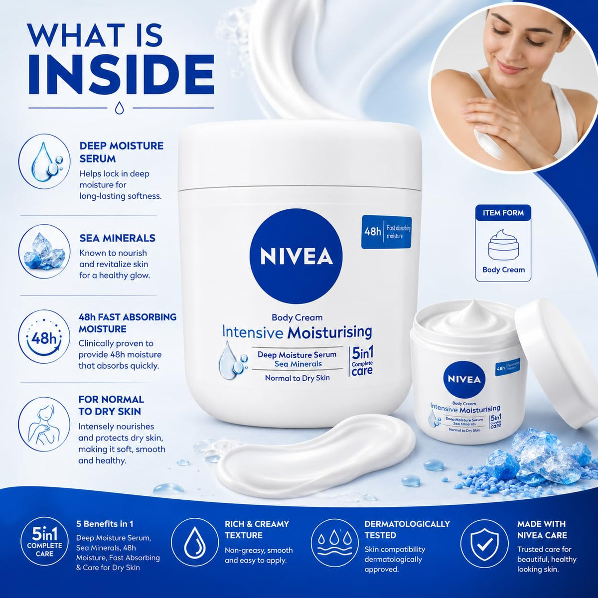 NIVEA Intensive Moisturising Body Cream with Deep Moisture Serum & Sea Minerals, 48H Fast-Absorbing Moisture, for Normal to Dry Skin, 400 ml