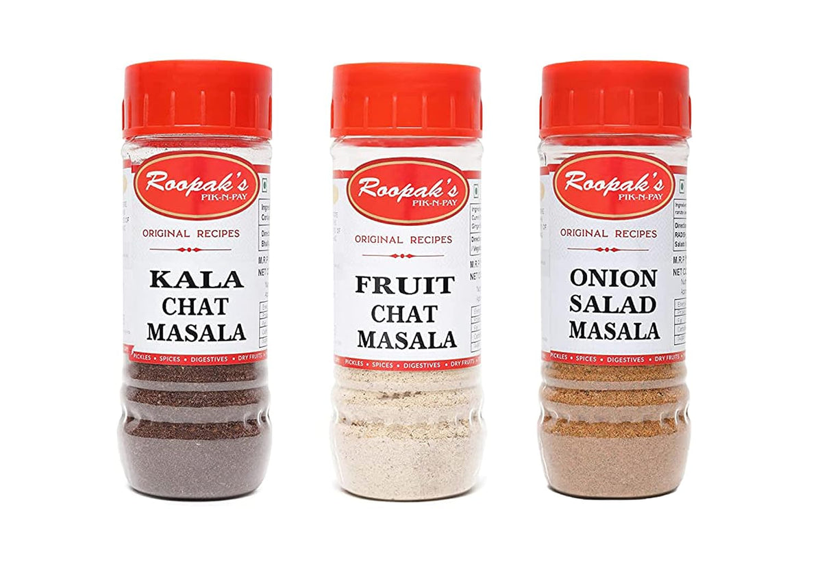 ROOPAK'S PIK-N-PAY's-Combo Pack Of Kala Chat Masala + Fruit Chat Masala + Onion Salad Masala(Pack Of 3,100Gm Each)