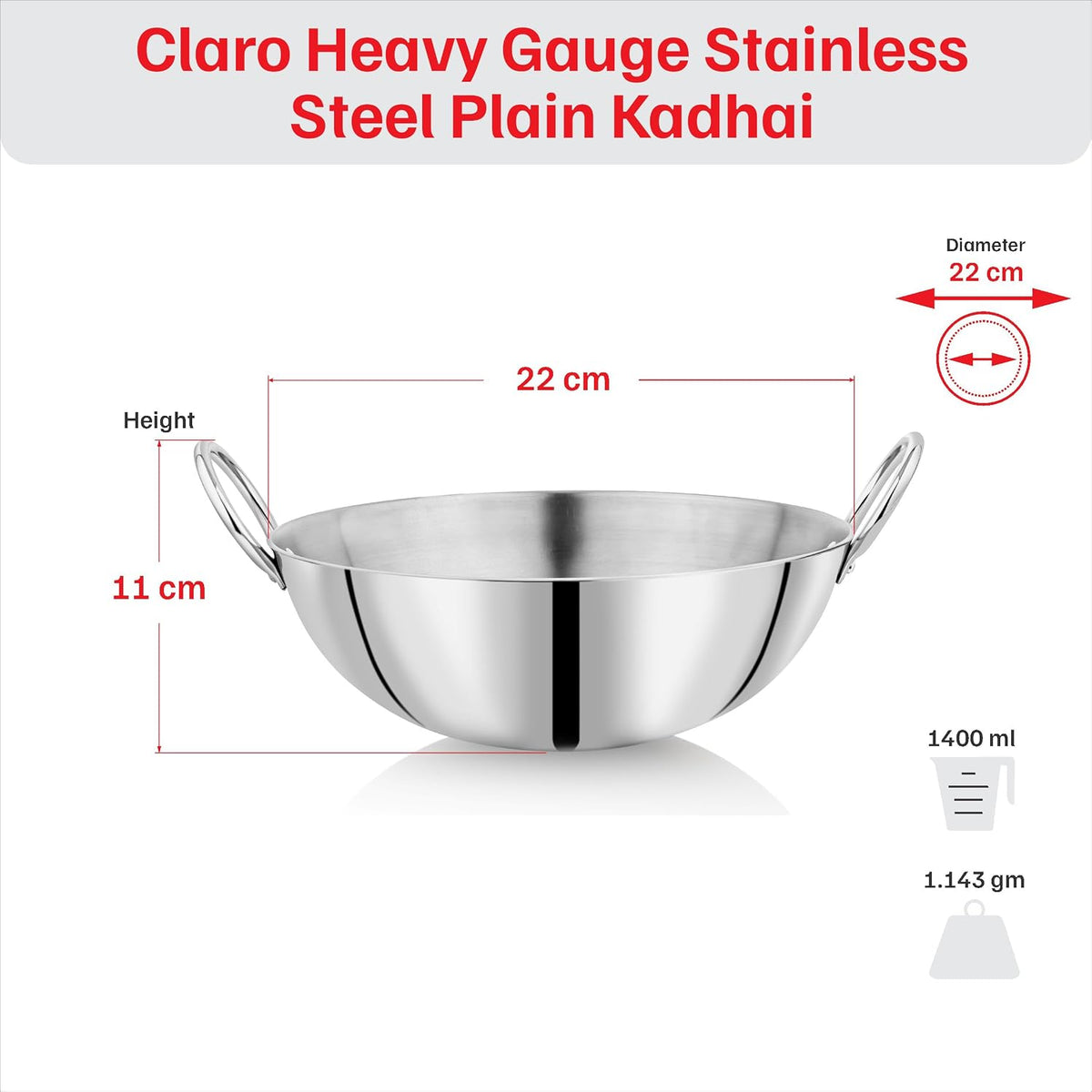 Vinod Brand Claro Heavy Gauge Stainless Steel Plain Kadhai, 2.5 MM(22 cm)