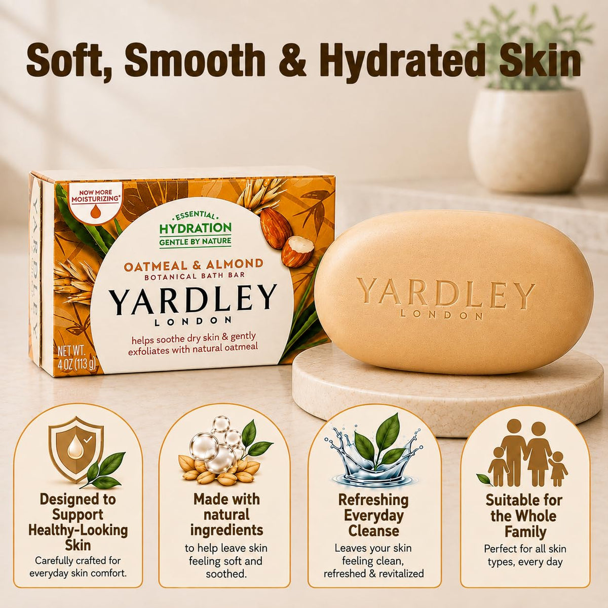 Yardley Oatmeal And Almond Bar Soap, 4.25 Ounce