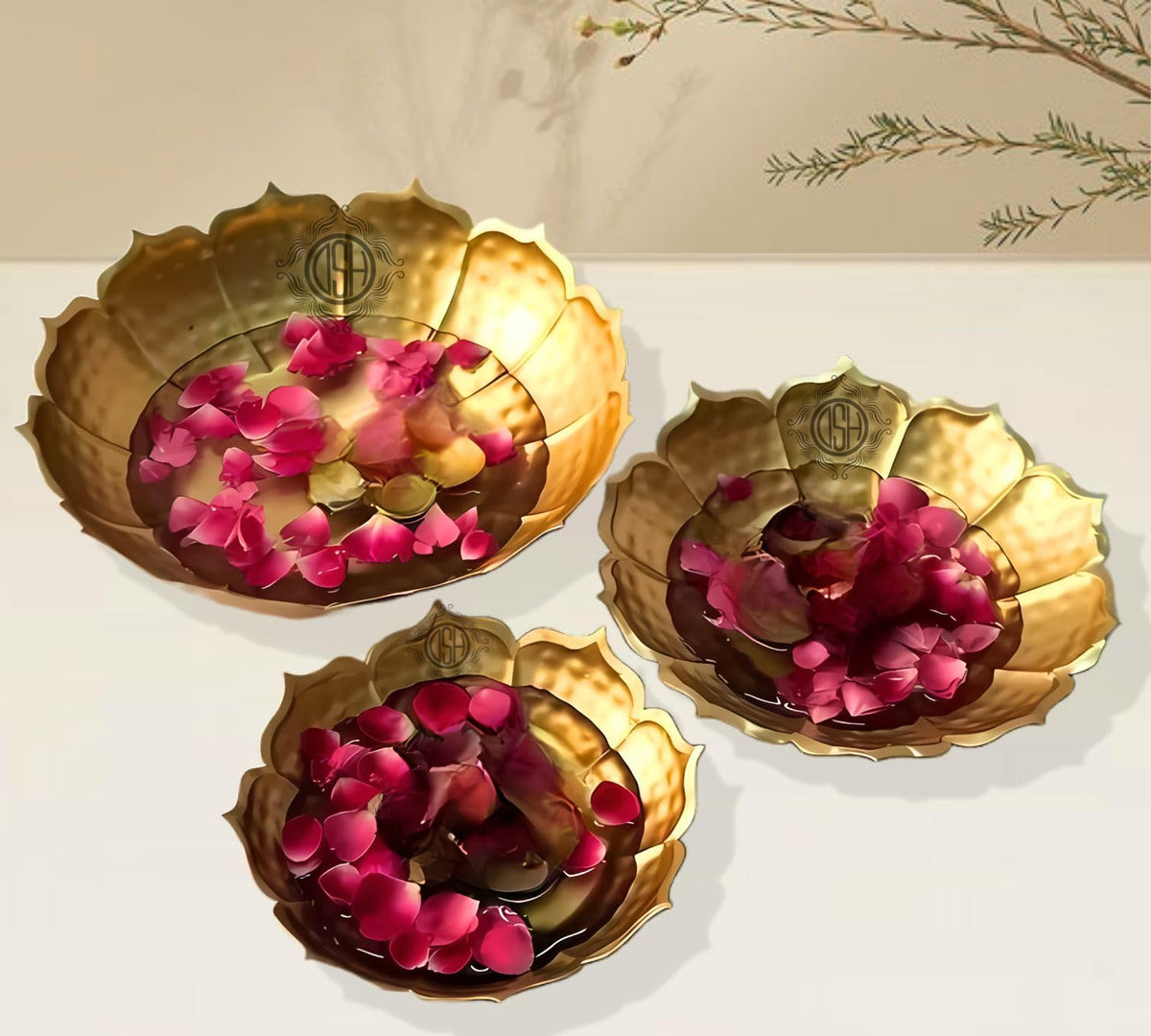 DSH Urli Bowl Round Flower Border Designer Bowl for Flowers and Tea Light Candles Home,Office and Table Decor Best Gift for Diwali Decor, (Set of 3)