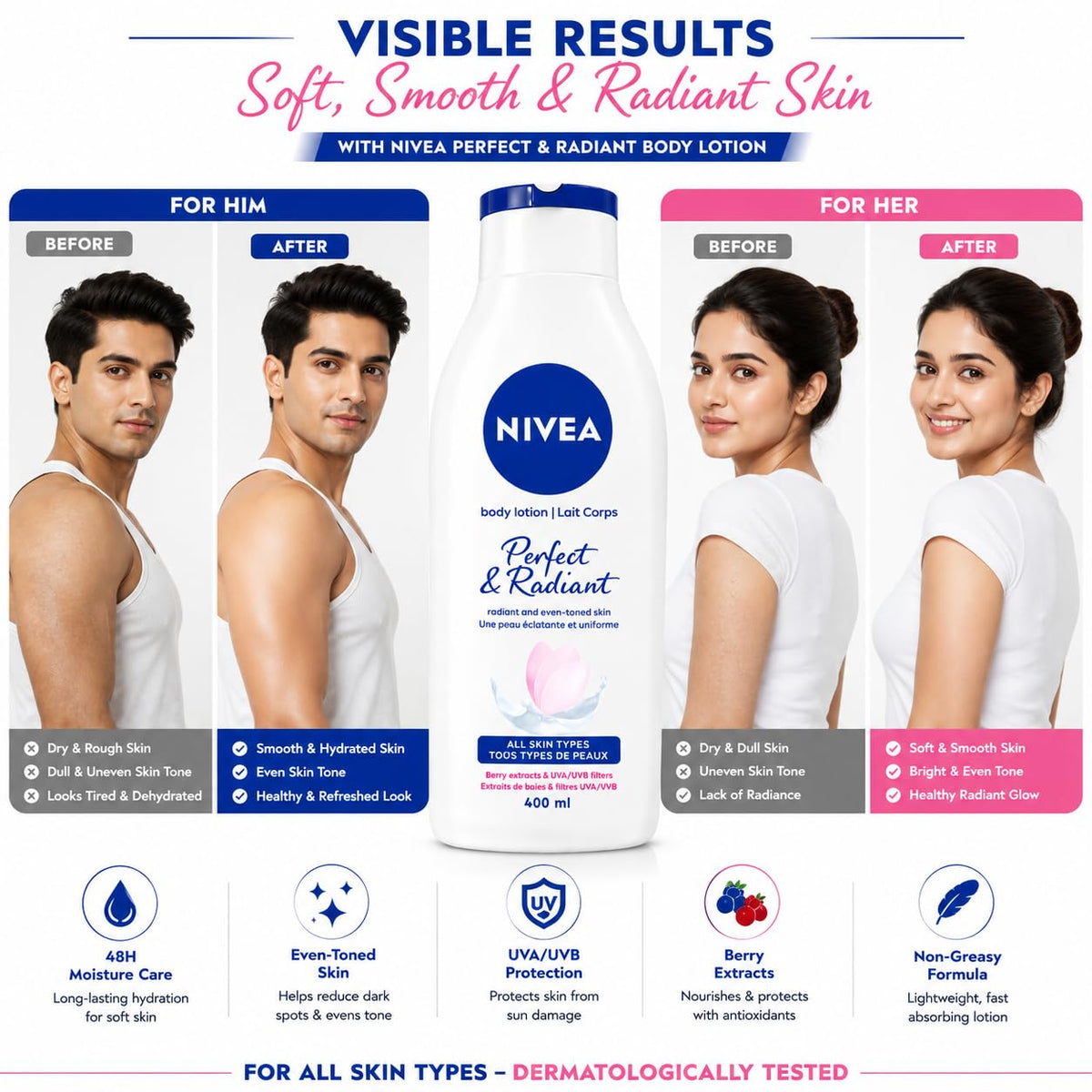 NIVEA Perfect & Radiant Body Lotion 400ml | Daily Moisturizer for Even Skin Tone & Natural Radiance | With Licorice & Berry Extracts