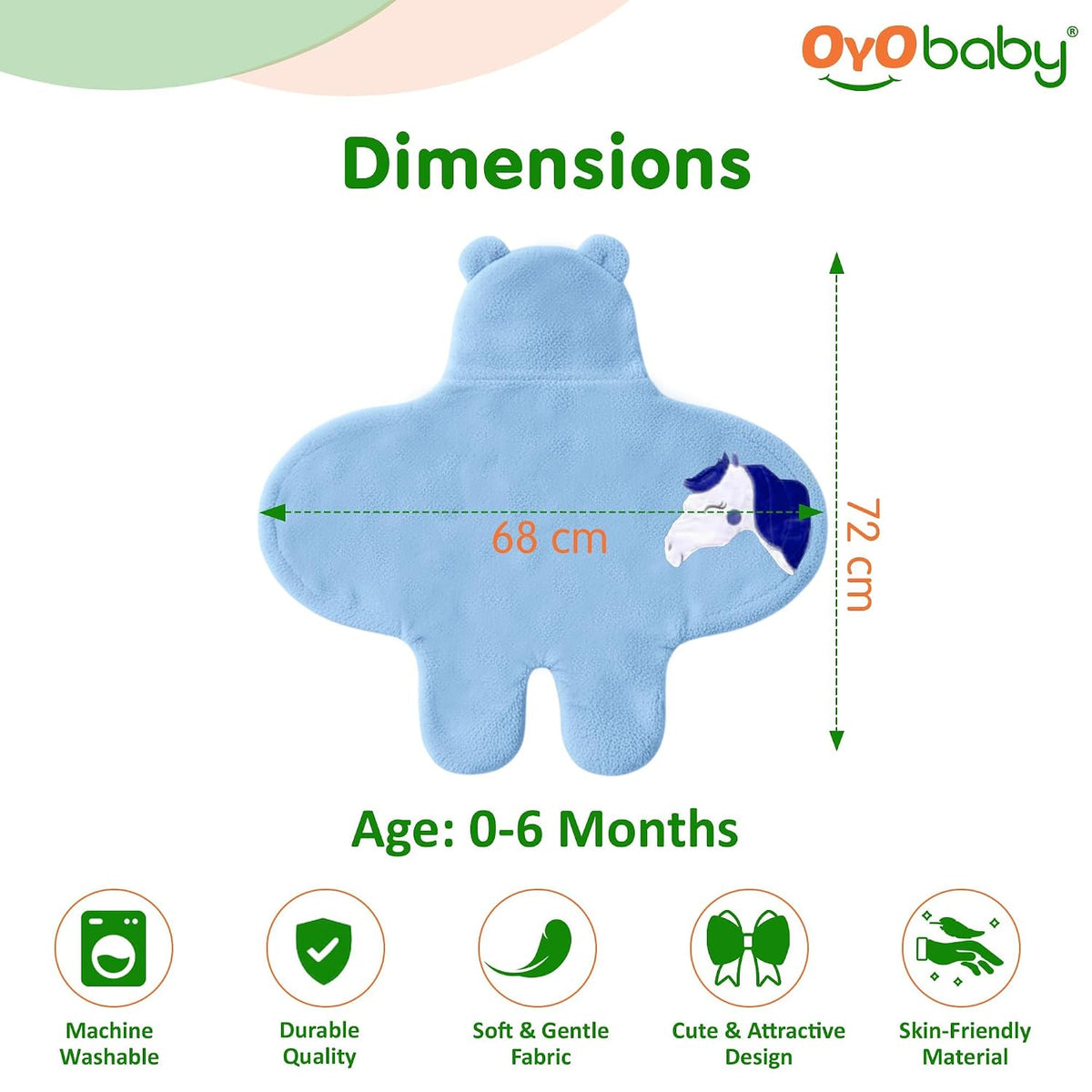 OYO BABY Hooded Swaddle Blanket for Newborns | Super Soft Flannel Wearable Sleeping Bag Wrap | Warm, Cozy & Breathable | Easy Wrap Design | 0–6 Months (72x68 cm) | Unicorn Blue