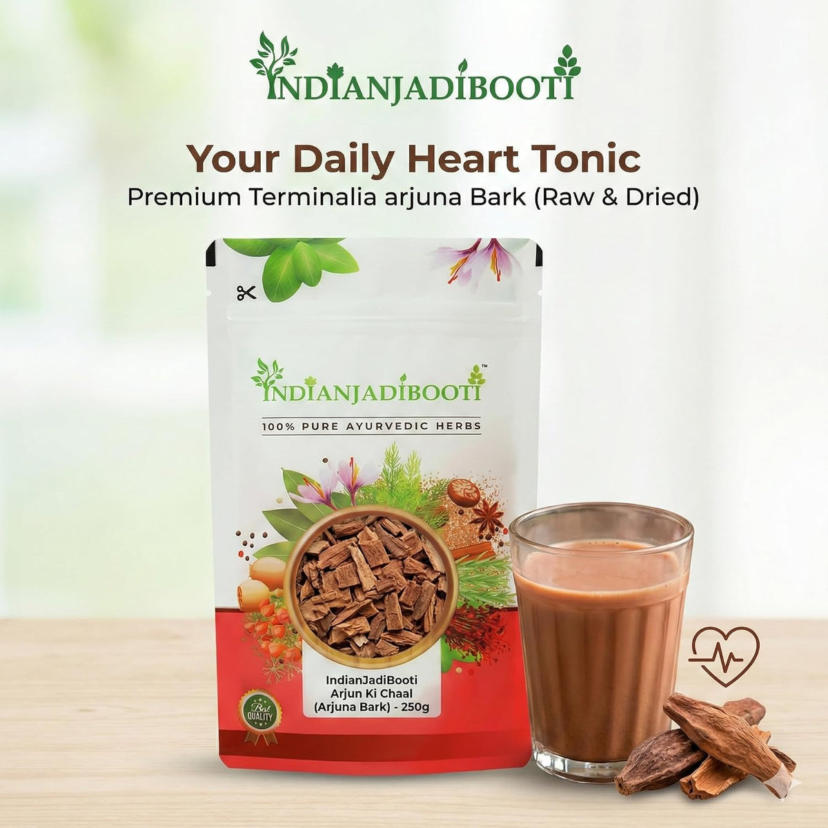 IndianJadiBooti Arjun Ki Chaal (Arjuna Bark) - 250g | Terminalia Arjuna for Heart Wellness & Healthy BP Support | Marudha Pattai/Tella Maddi | Natural Cardio Tonic & Herbal Tea Cut