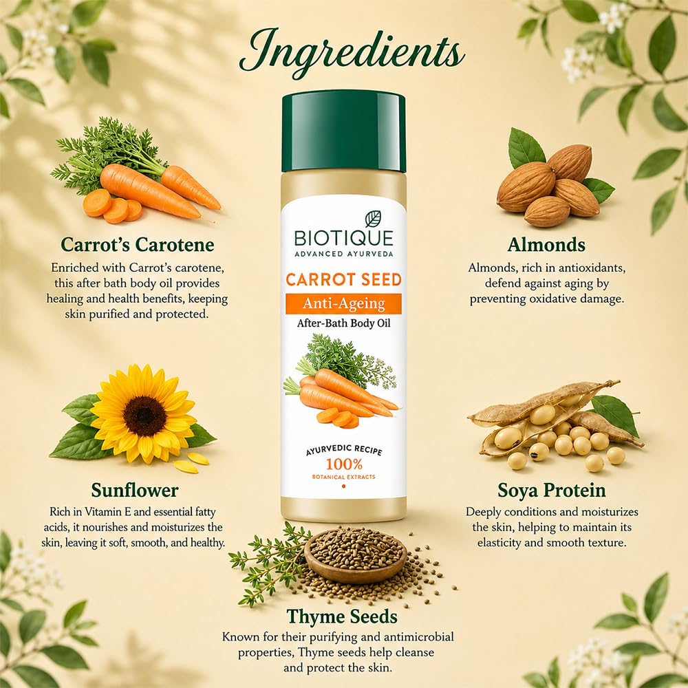 Biotique Carrot Seed Anti- Ageing After- Bath Body Oil | Prevents Fine Lines and Wrinkles |Smooth and Radiant Skin| 100% Botanical Extracts | Suitable for All Skin Types | 120ml