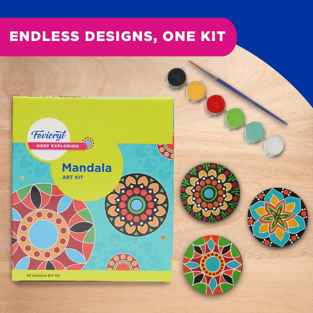 Fevicryl Mandala Mini Art Kit | All-Inclusive DIY Kit with Wooden Coasters, Acrylic Colours, Brush | for Artists, Students, Hobbyists & Gifting | Ideal for Age 14 +