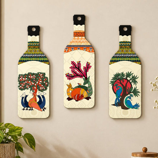 Artvibes Animals and Birds Madhubani Art Bottle shaped Wooden Wall Hanging | Living Room | Handcrafted Art | Wall Illustrations | Art Prints | Aesthetic Wall Art | Ideal Gifts (WH_9524N), Set of 3