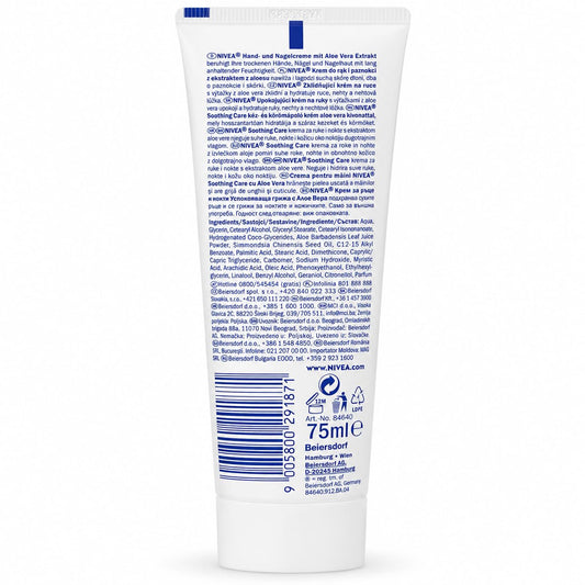 NIVEA Hand & Nail Cream Soothing Care with Aloe Vera, Moisturising Care for Dry Hands, Nails & Cuticles, 75 ml