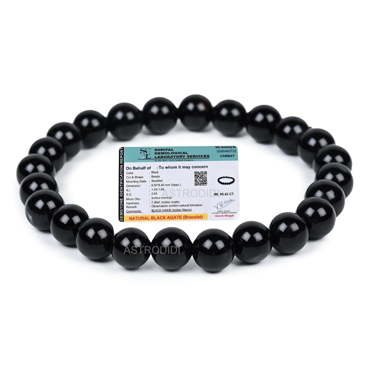 Astrodidi Natural Certified Black Agate Kala Hakik Stone Bracelet for Men & Women | Brings Peace, Occult Success, Balances Shiva & Shakti Energies and Protects from all Negative Energy | 8mm Bead size, Pack of 1
