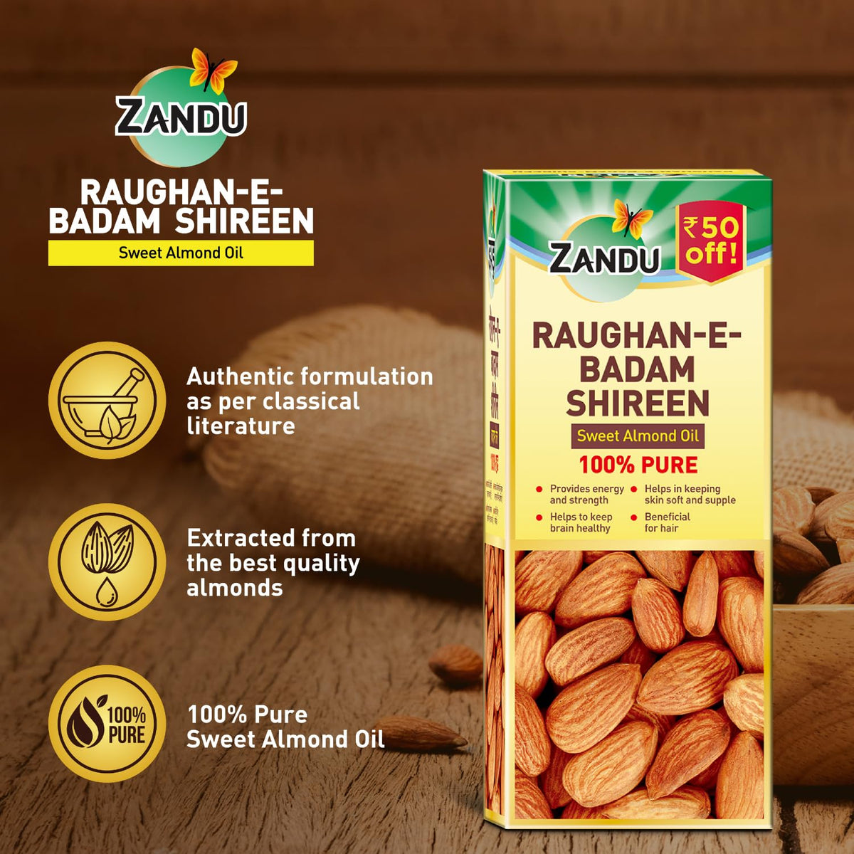 Zandu Raughan-E-Badam Shireen Sweet Almond Oil 100% Pure & Natural Cold Pressed 50Ml
