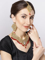 Priyaasi Gold-Plated Kundan Studded Jewellery Set With Drop Beads in Red Color, One Size (NL-PR-10059)