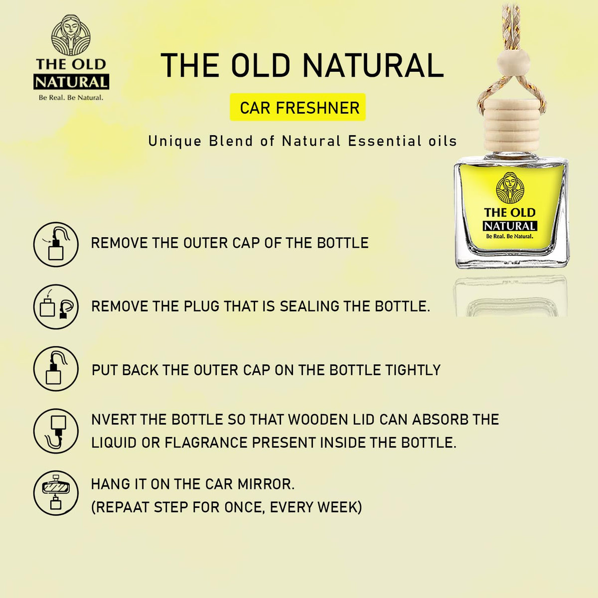 The Old Natural Car Freshener with Essential Oils Fragrance in Glass bottle with Wooden Diffuser Lid | Car Perfume 30ml