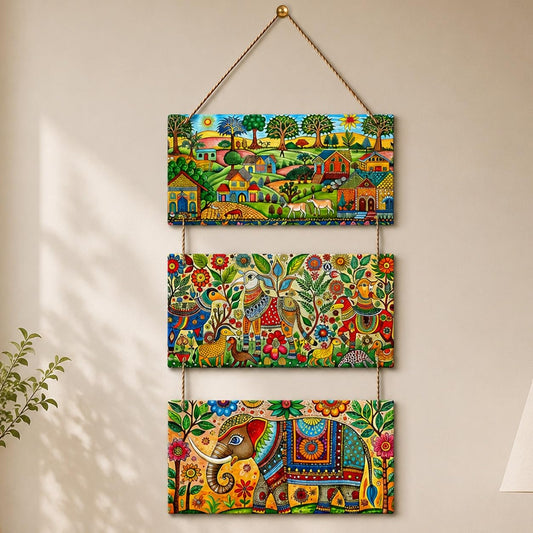 Artvibes Madhubani Village Life Decorative MDF Wooden Wall Art for Home | Living Room | Office | Cafe | Painting Wall Decor | Aesthetic Wooden Decor | Handcrafted Art | Ideal Gifts (WH_9443N)