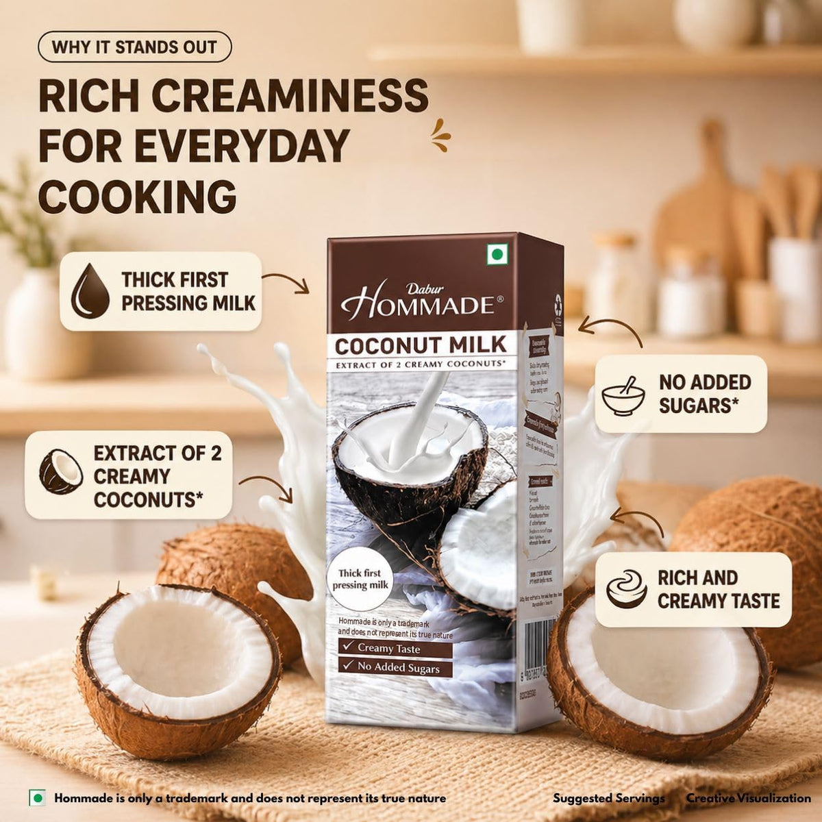 Dabur Hommade Coconut Milk : Made from the Extract of 2 Creamy Coconuts | Thick & Creamy Consistency | No Added Sugar | Thick First Pressing Milk | Hassle-Free, Ready to Use | Ideal for Curries, Desserts & Baking | 200ml single item