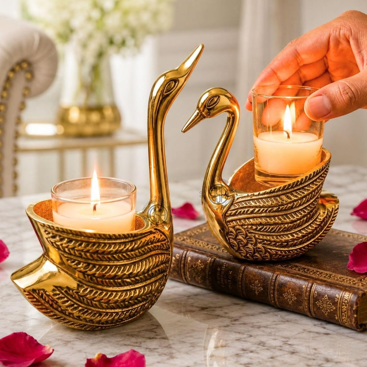 DSH Metal Swan Pair Candle Holder with Votives Aluminum Swan Showpiece for Living Room Elegant Tabletop Decoration Item for Diwali, Housewarming, Bedroom, Office & Dining Table Gifts