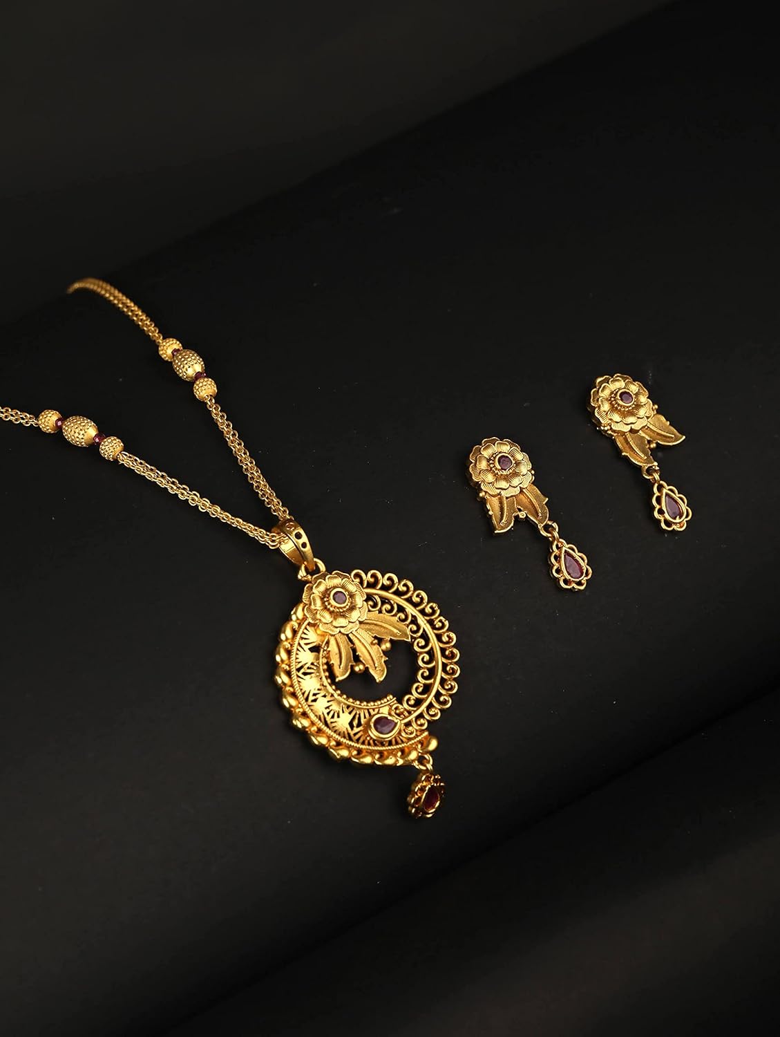 Priyaasi Maroon Ruby Kundan Gold Plated Jewellery Set