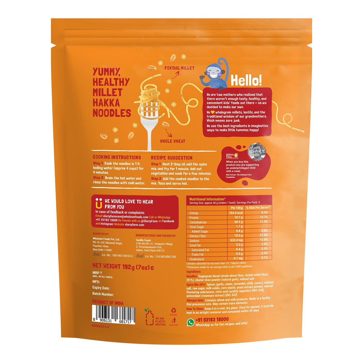 Slurrp Farm No Maida Hakka Noodles Combo, Not Fried, No MSG, Classic, Mild and Curry Masala Millet Noodles, Pack of 3 X 192 g