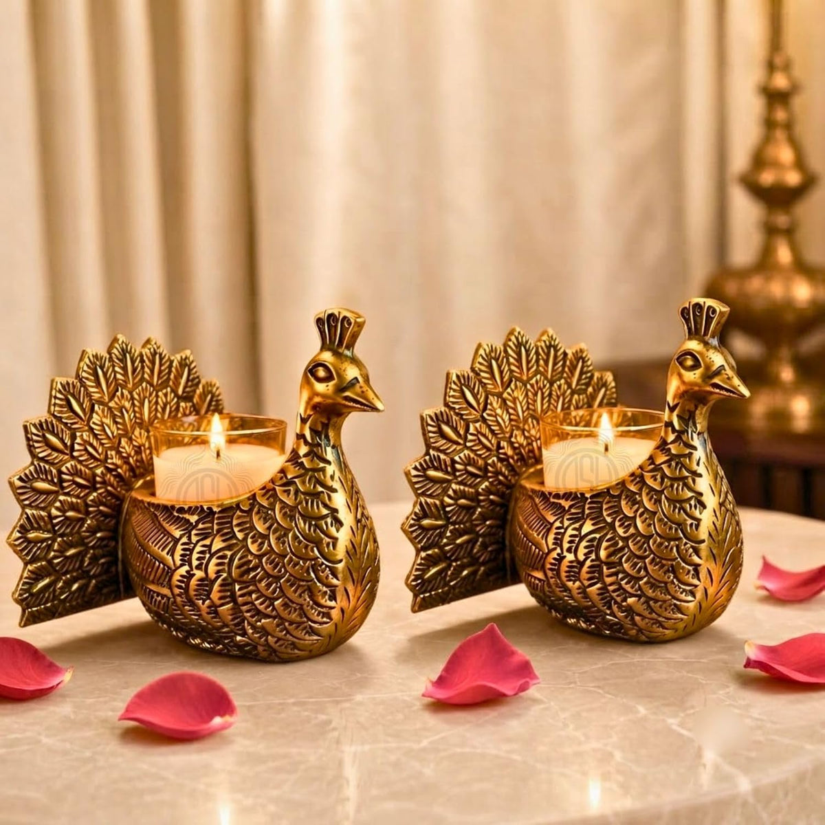 DSH Decorative Dancing Peacock Tealight Candle Holder Set of 2 with Glass Votive Antique Gold Metal Candle Stand for Home Decor, Table Centerpiece, Diwali & Gifting