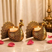 DSH Decorative Dancing Peacock Tealight Candle Holder Set of 2 with Glass Votive Antique Gold Metal Candle Stand for Home Decor, Table Centerpiece, Diwali & Gifting