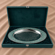 Diviniti Luxury Oval Decorative Tray | Premium Silver Finish Metal Oval Platter with Turquoise Embossed Border | Luxury Home Décor Display Tray for Coffee Table, Dining Table, Console & Gifting (Blue)
