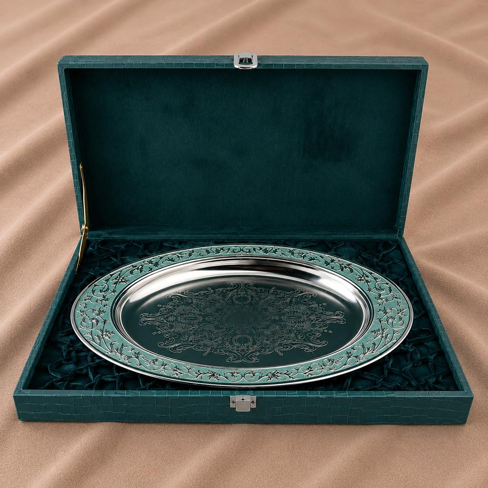 Diviniti Luxury Oval Decorative Tray | Premium Silver Finish Metal Oval Platter with Turquoise Embossed Border | Luxury Home Décor Display Tray for Coffee Table, Dining Table, Console & Gifting (Blue)