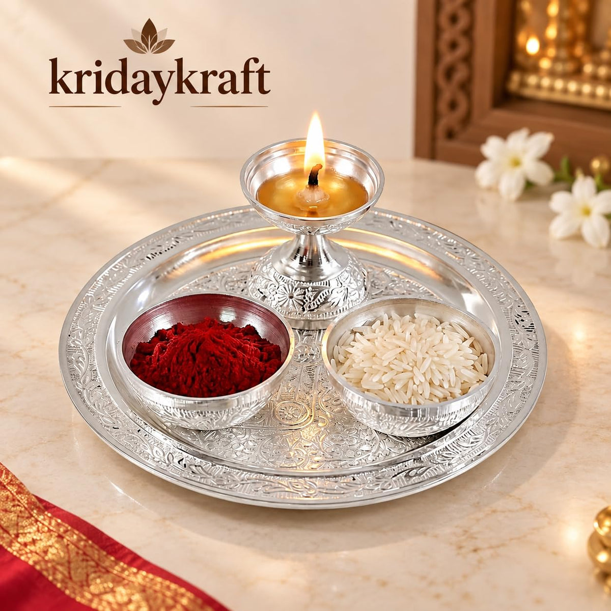 KridayKraft Silver Plated Pooja Thali Set with Swastik Design - Includes Diya and 2 Bowls for Puja, Diwali, and Gifting (19 cm Plate, 110g)