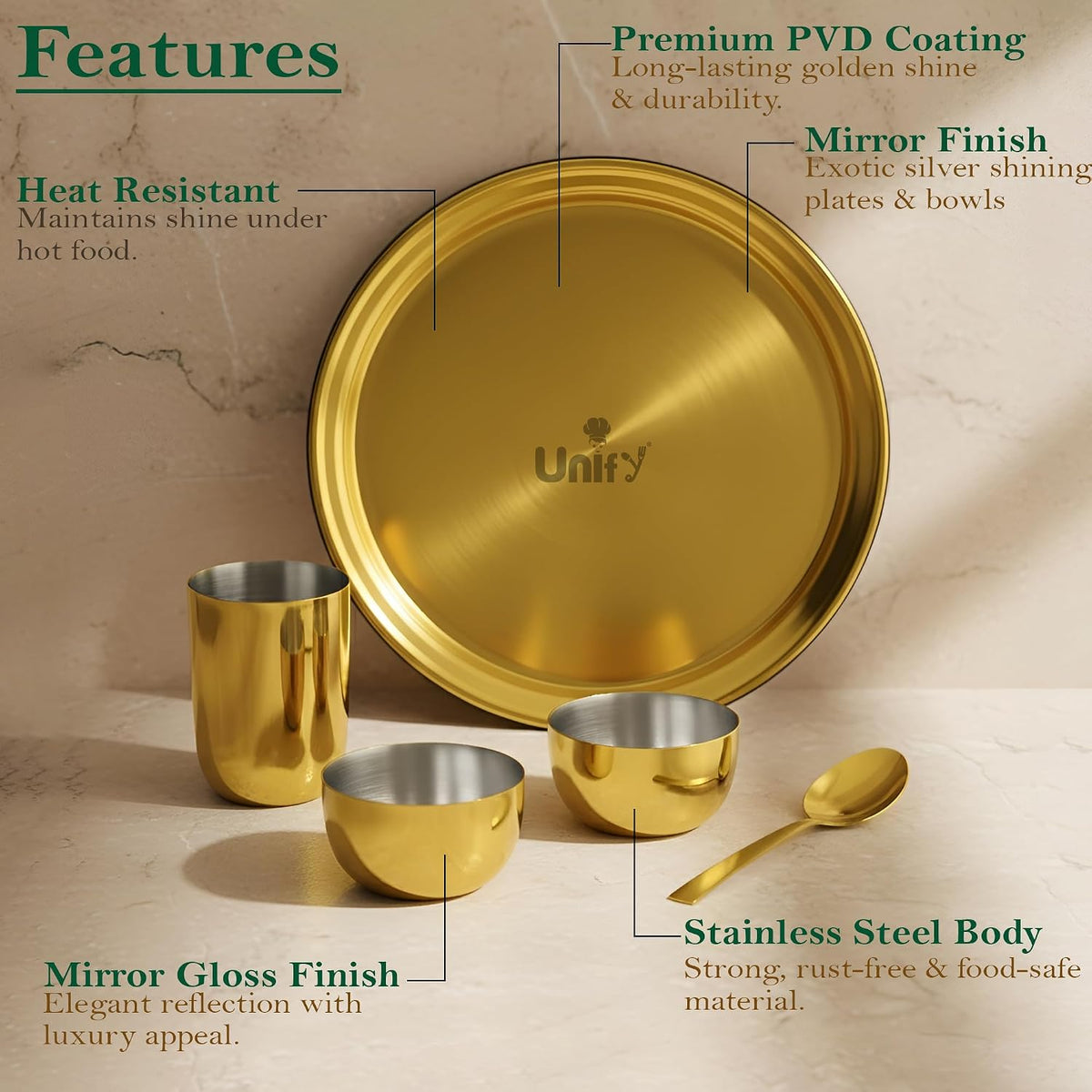 Unify By Parage Stainless Steel PVD Gold Plated Thali Set | Premium Dinner Plate with Bowls, Spoon & Glass | Royal Gold Dinnerware for Home, Restaurant & Festive Gifting | Food Grade & Rust Proof