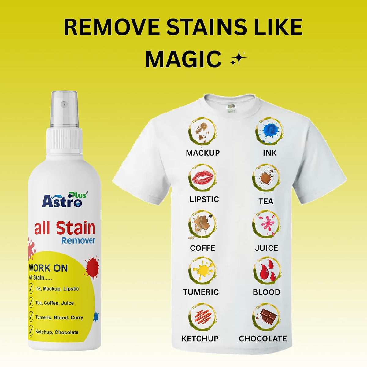 Astro Plus+ 50ML Stain Remover Spray for Clothes | Suitable for All Fabrics | Toxin-free Easy to Carry | Eco-friendl Clean Grease All color Stain Remover Fabric, Carpets, Linens, Laundry